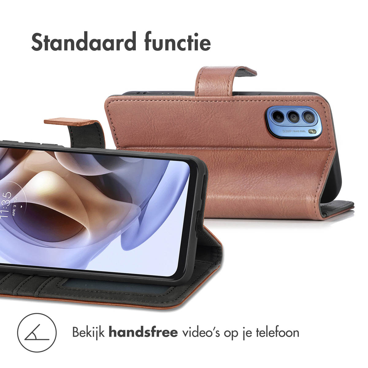 Bruine telefoonhoes open met scherm en cameralens. Standaardfunctie.