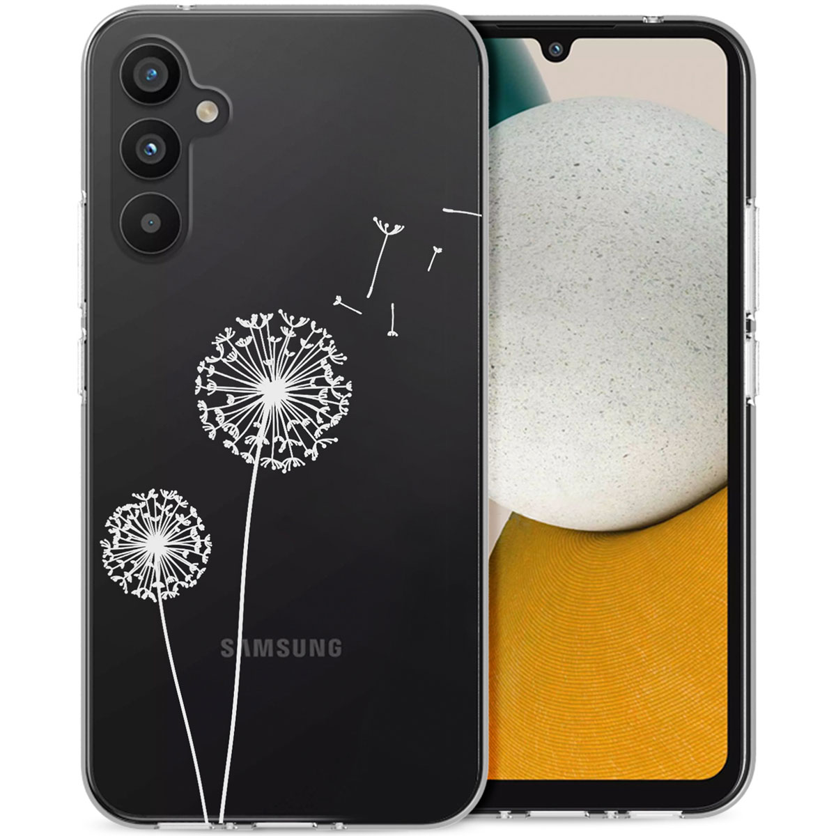 Telefoon in een doorzichtig hoesje met een paardebloem ontwerp. De telefoon heeft een zwart scherm.