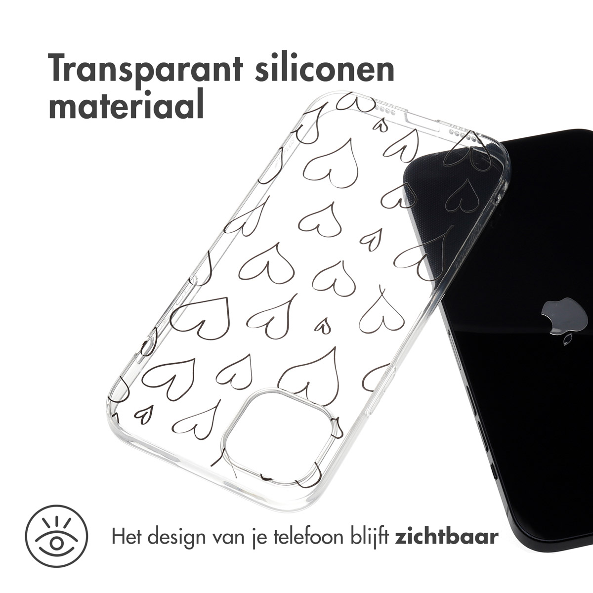 Transparante telefoonhoes met zwart hartjespatroon naast een zwarte smartphone.