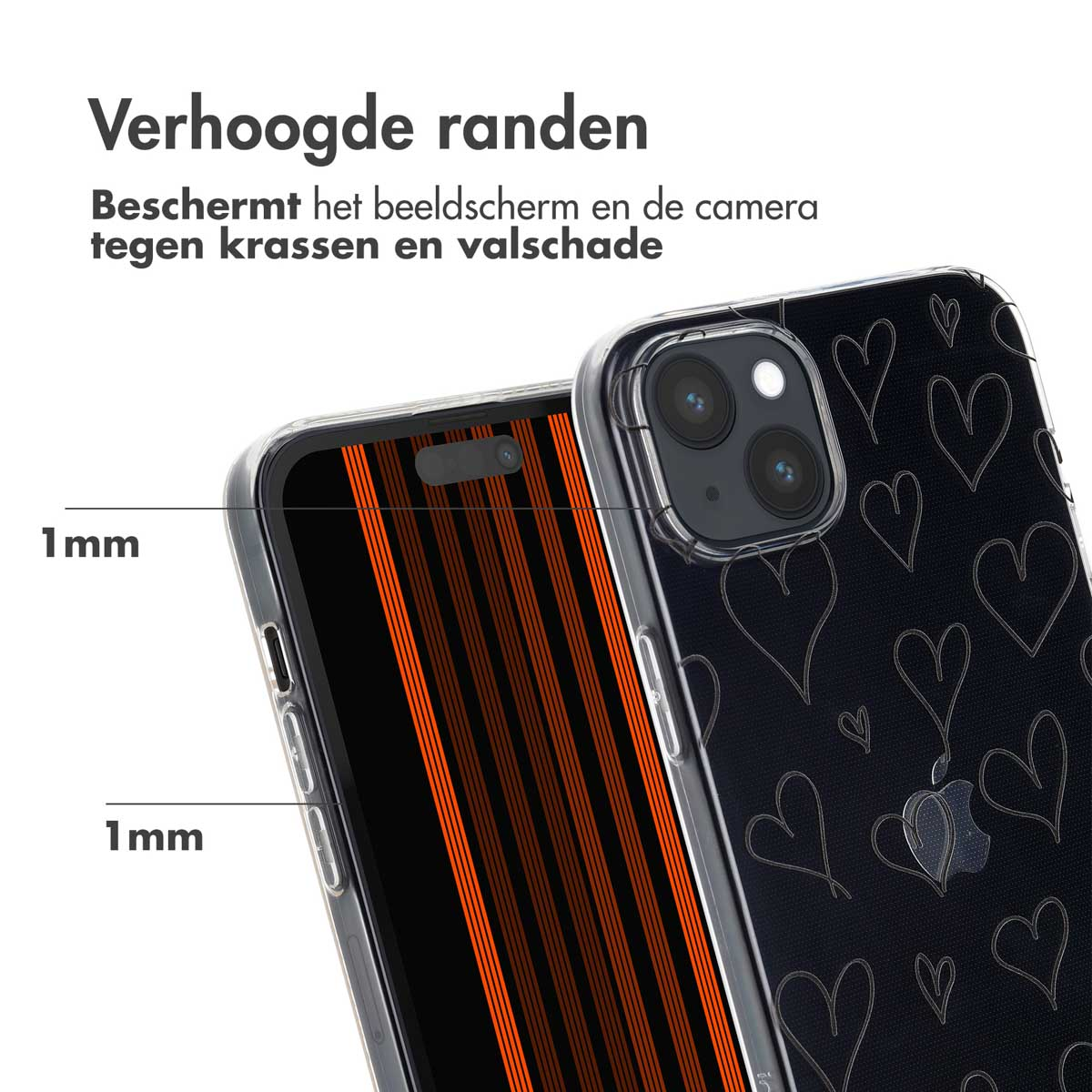 Zwarte telefoonhoes met hartjespatroon en 1 mm verhoogde randen.