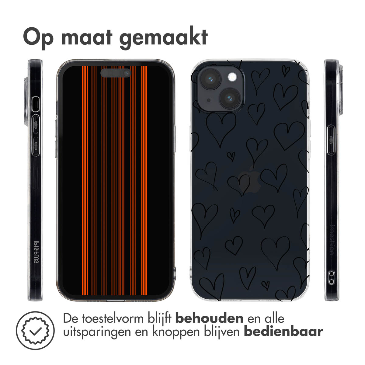 Drie iPhone-hoesjes: één gestreept, één met hartjes, één zwarte zijaanzicht.