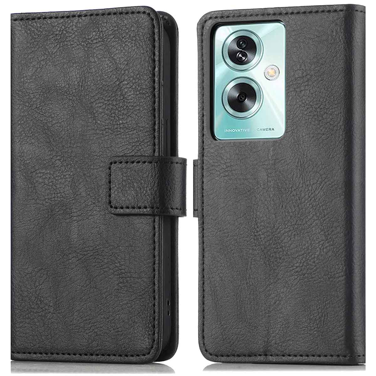 Étui de téléphone en cuir noir, ouvert. Montre l'arrière du téléphone avec l'appareil photo.