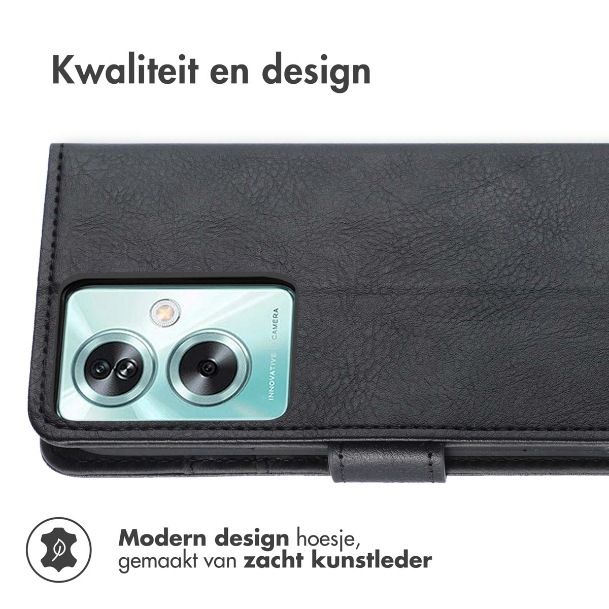 Un étui de téléphone noir avec un appareil photo. L'étui est en cuir artificiel souple.