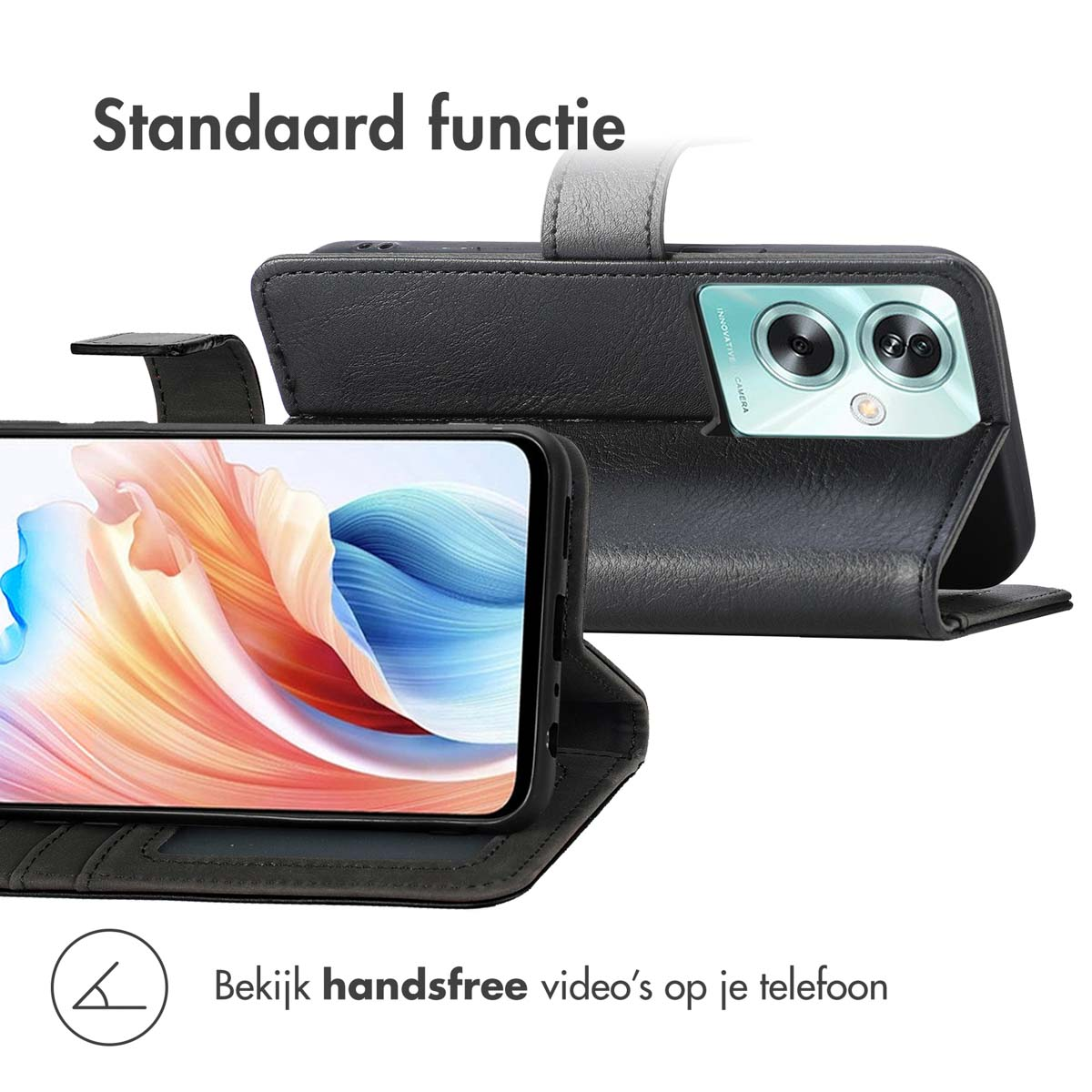 Un étui portefeuille noir pour téléphone avec fonction support.