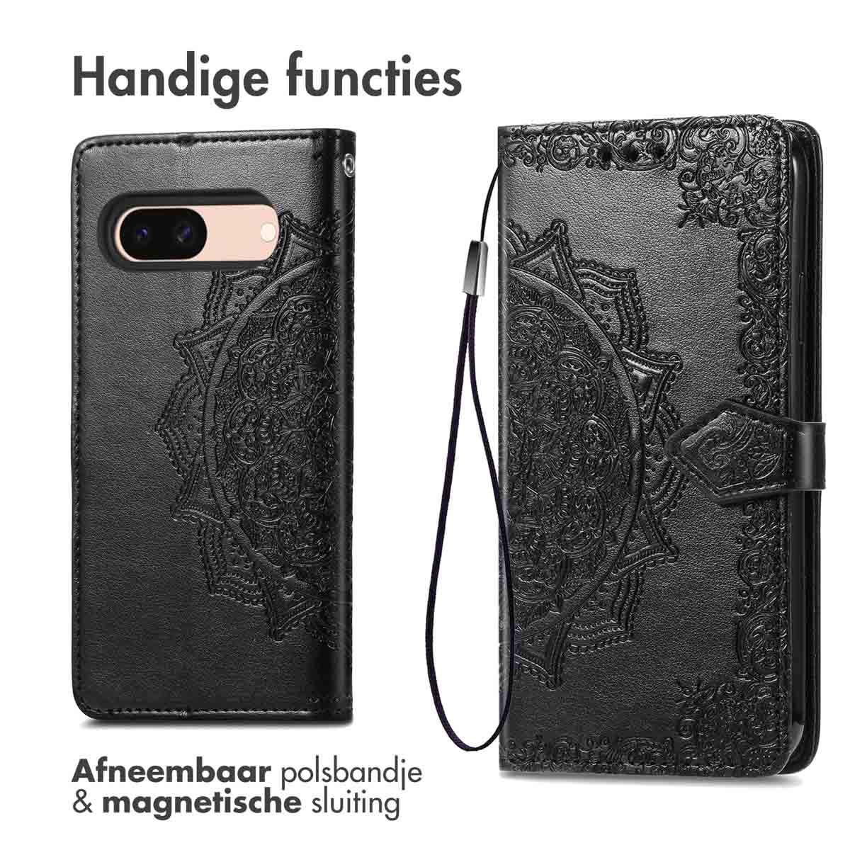 Zwarte telefoonhoes met mandalapatroon en afneembare polsband.