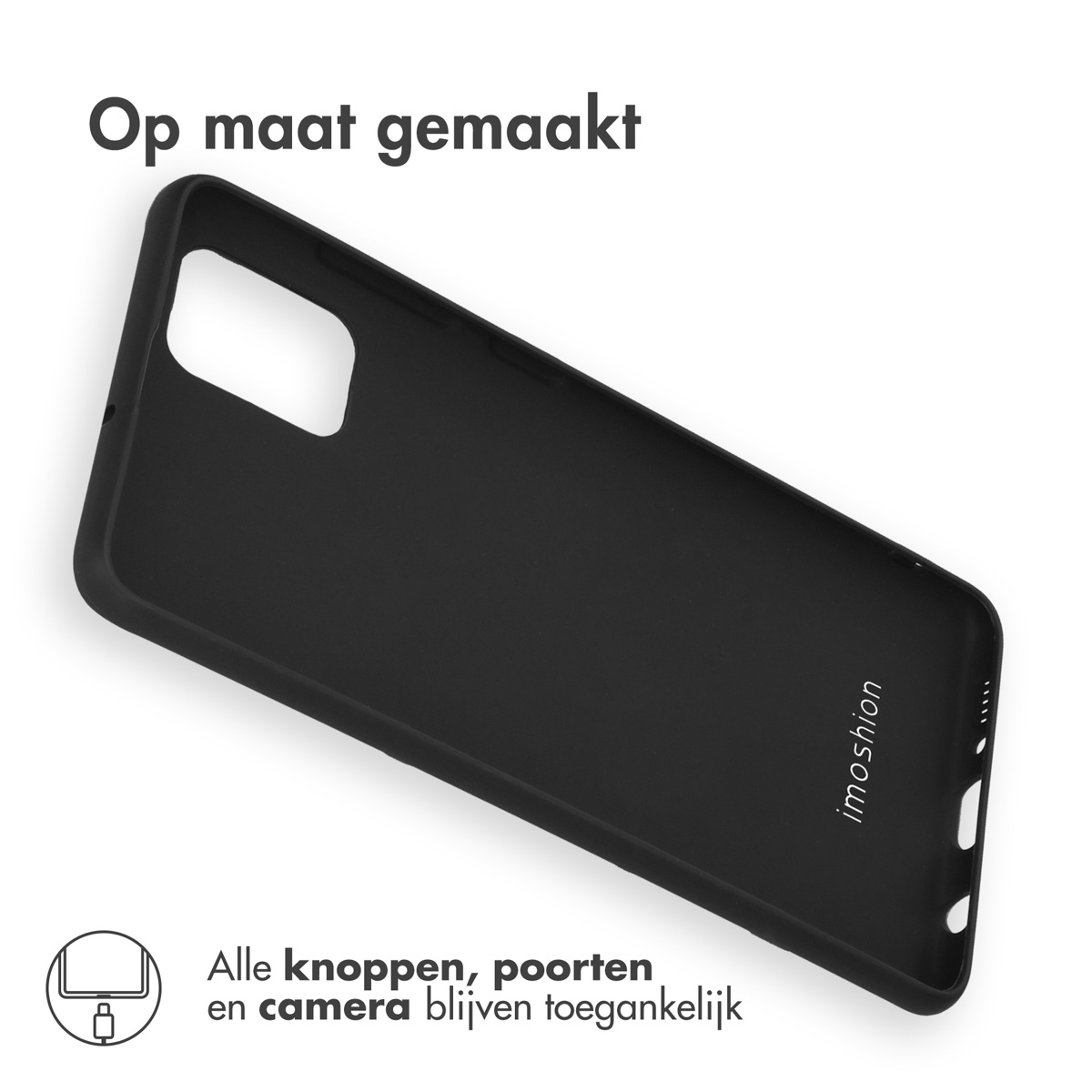 Zwarte telefoonhoes met uitsparingen voor camera en poorten.