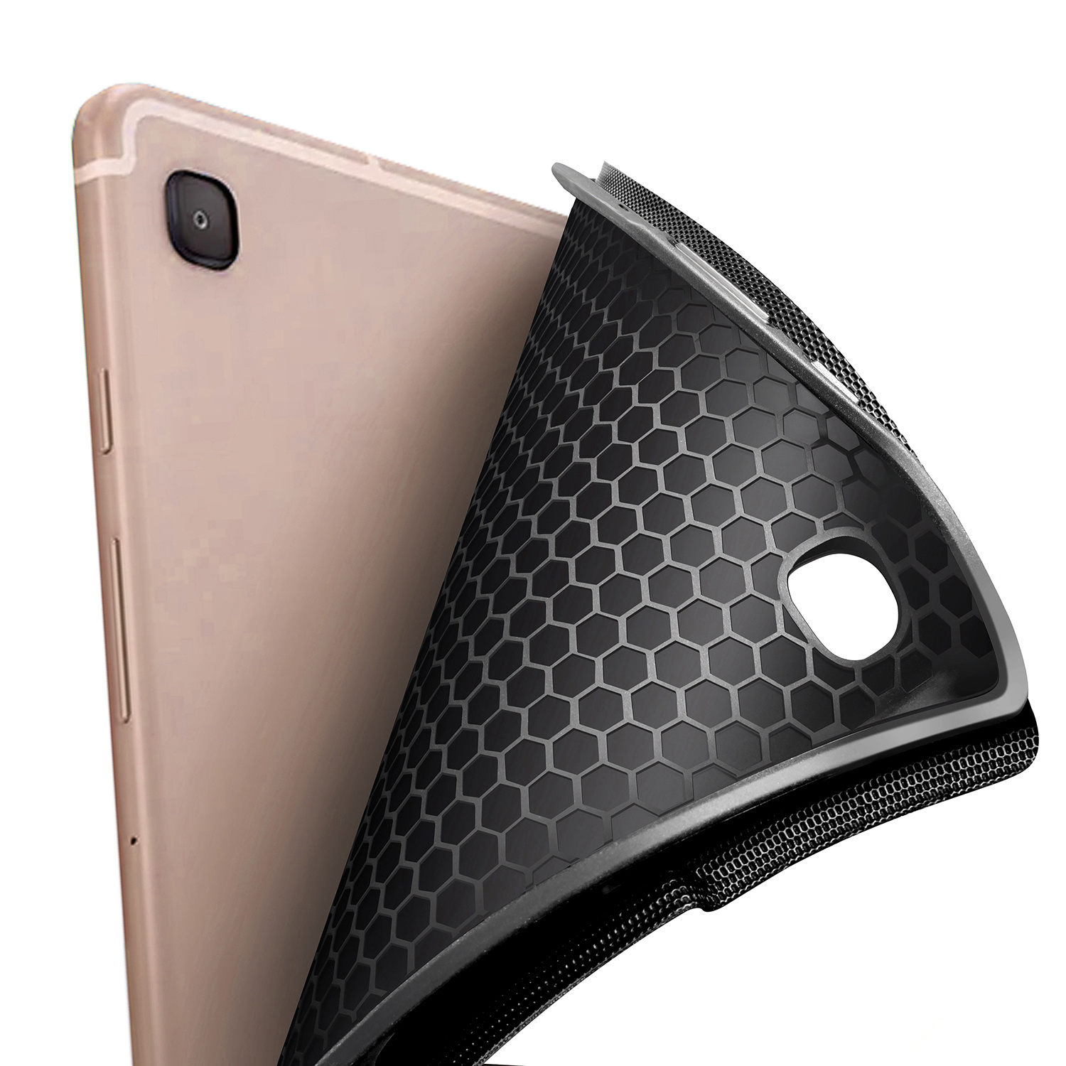 A rose gold tablet with a black honeycomb patterned case.