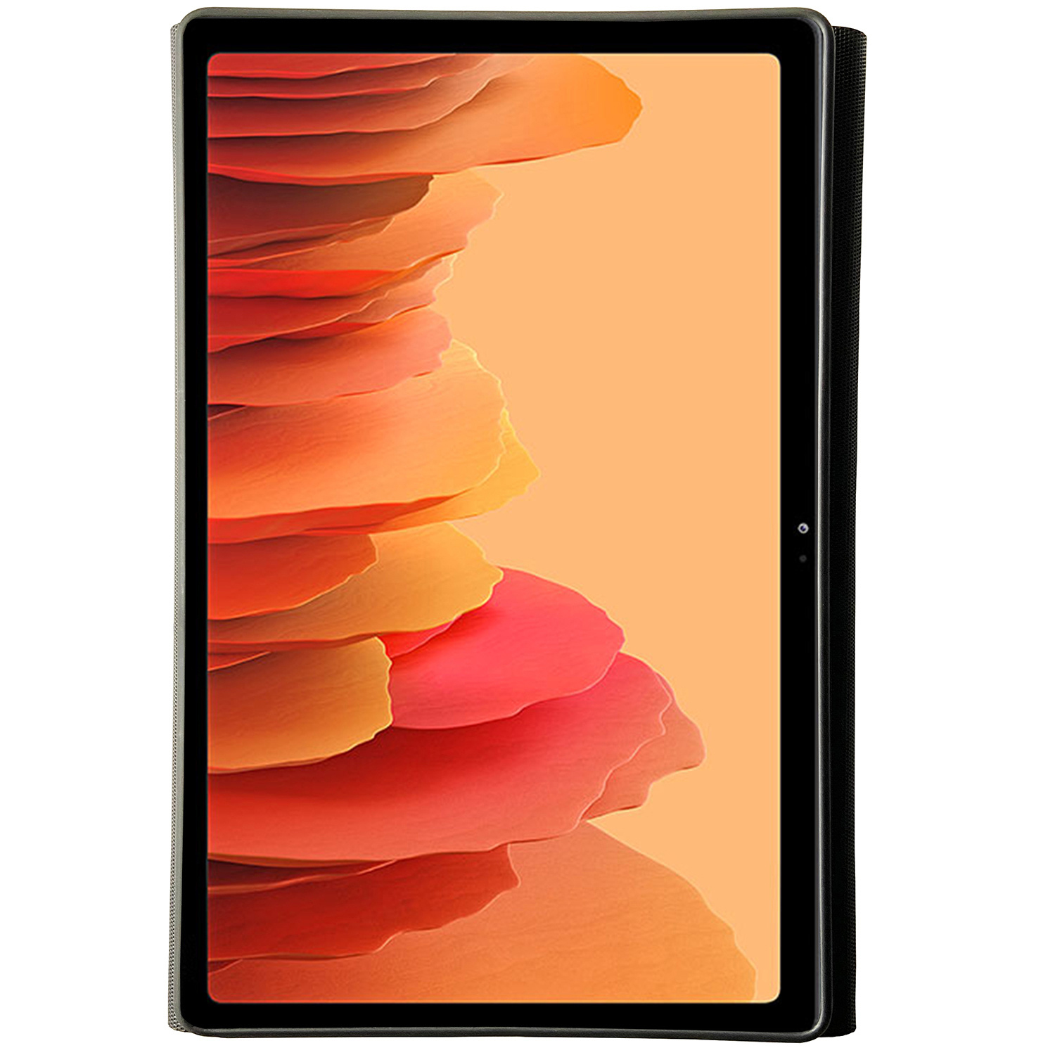 A tablet displaying a colorful, abstract wallpaper. Orange and red hues.