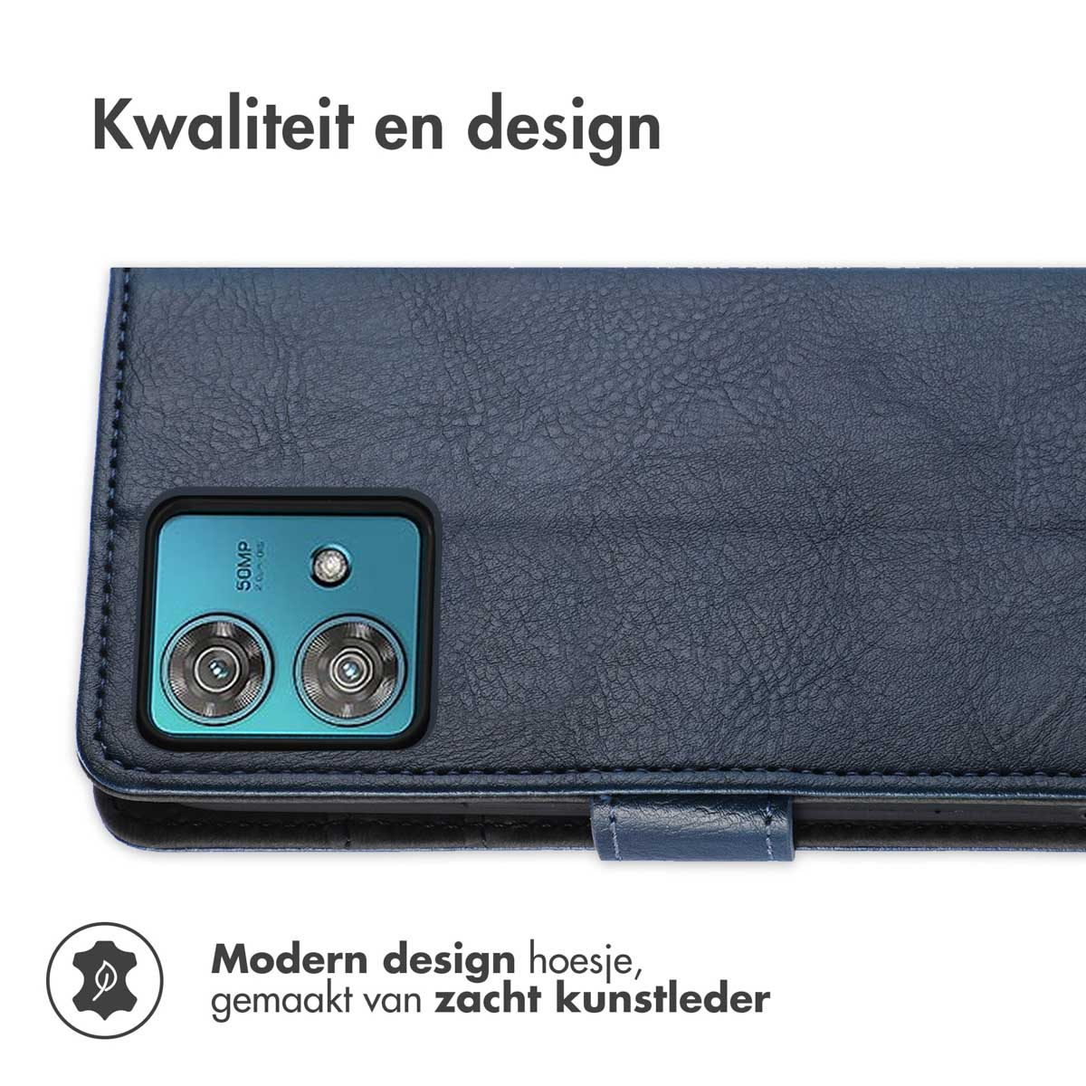 Donkerblauwe kunstlederen telefoonhoes met dubbele cameralens.