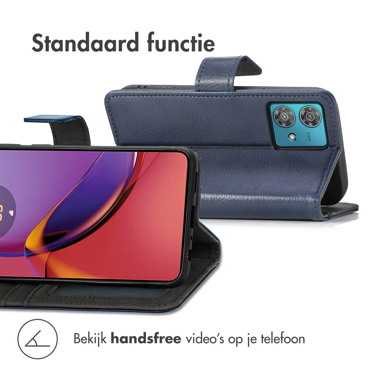 Blauw telefoonhoesje met standaardfunctie, open telefoon en cameramodule.
