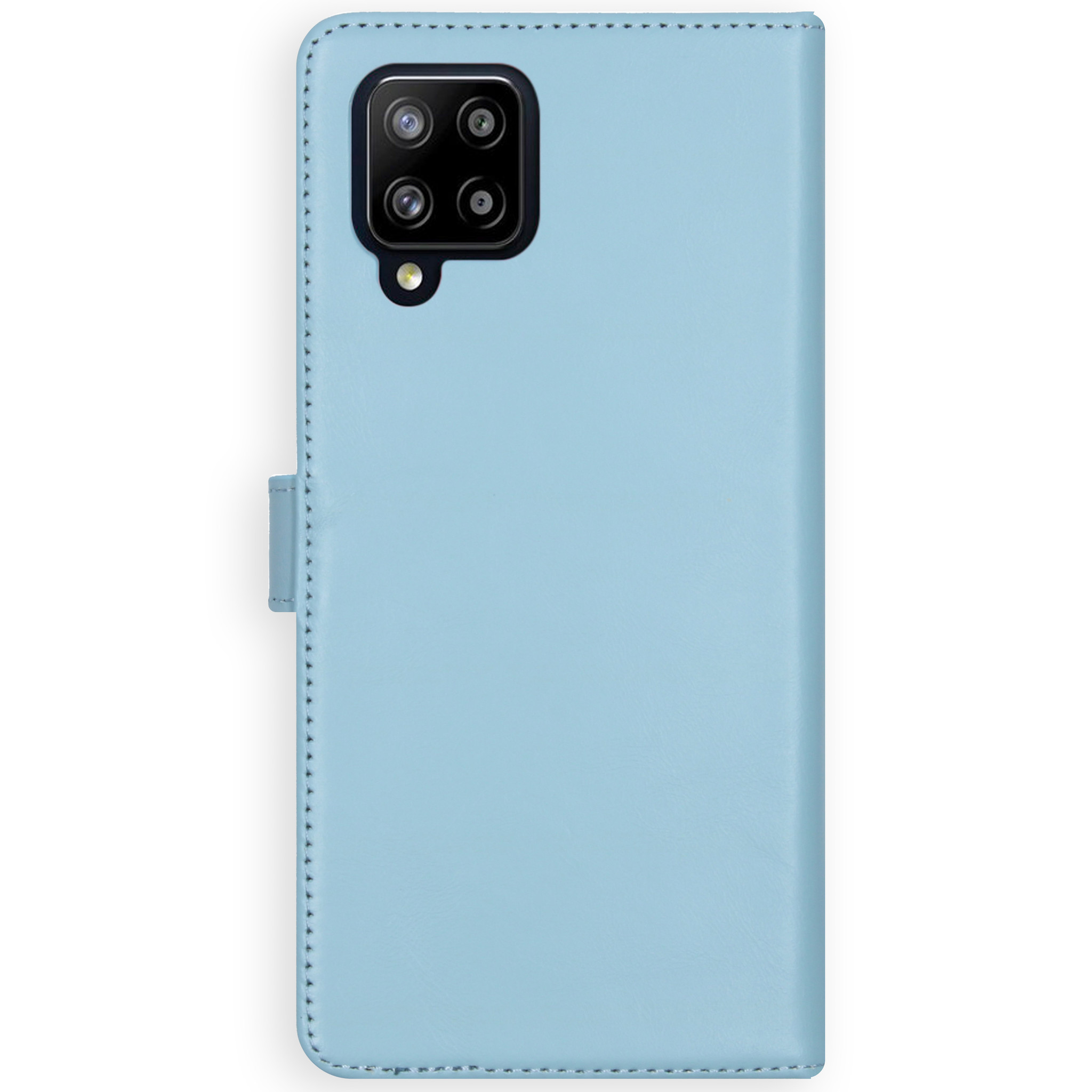 Coque de téléphone bleu clair, fermée avec un ensemble de caméras à l'arrière.