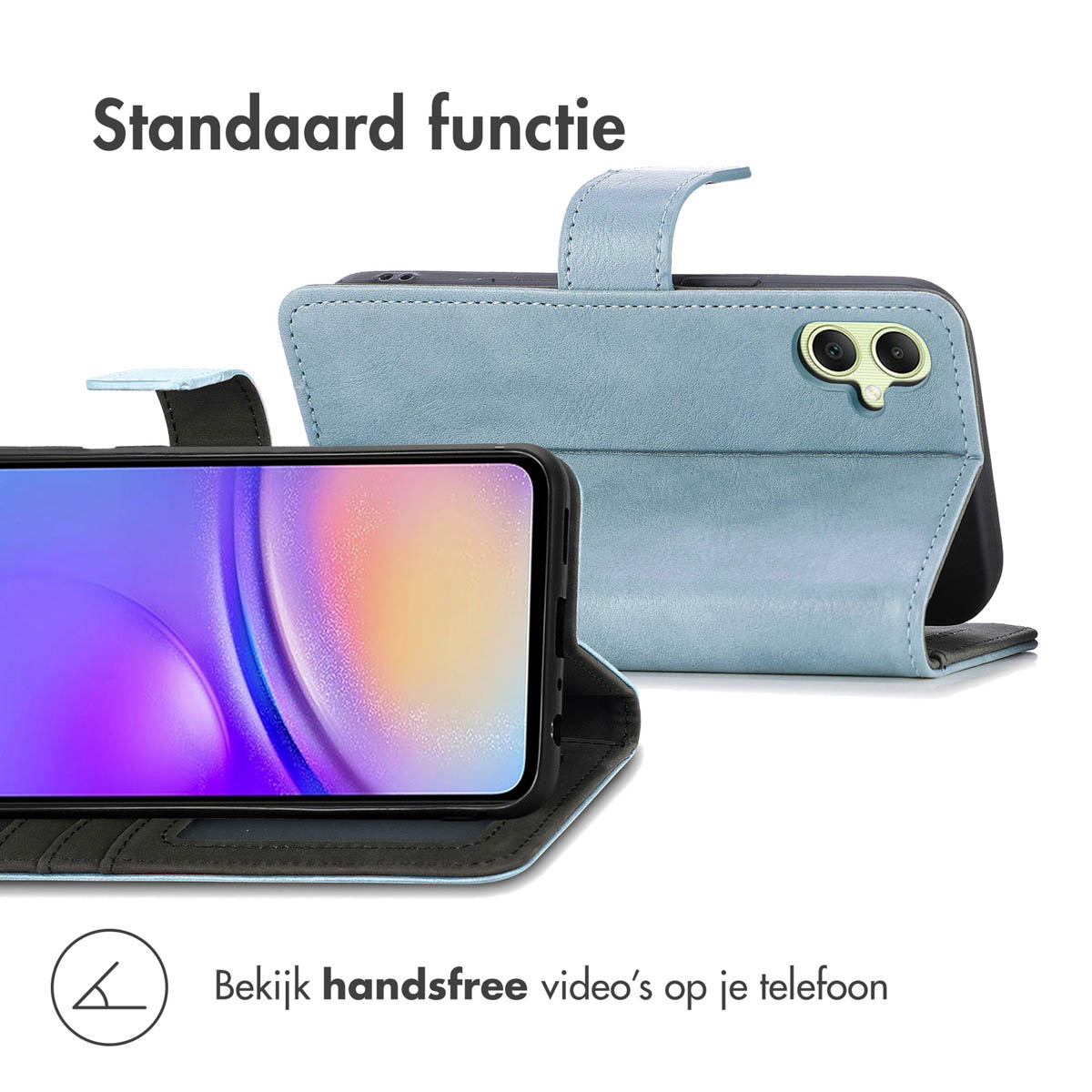 Een lichtblauwe telefoonhoes in standaardmodus met een smartphone.