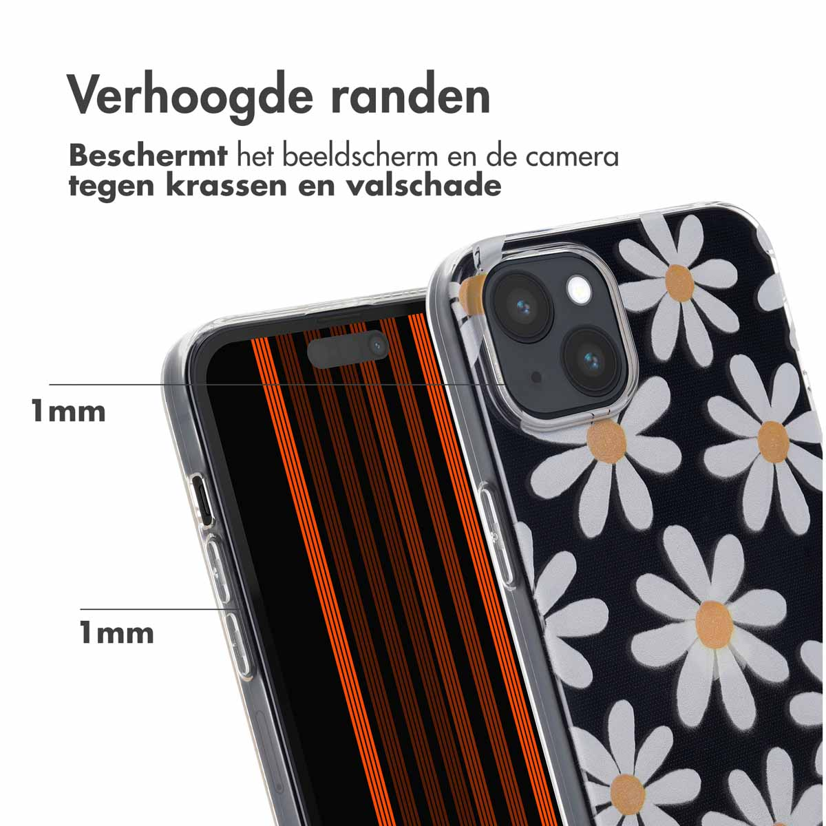 Coque avec bords surélevés, protégeant l'écran et la caméra. Noir avec marguerites blanches.