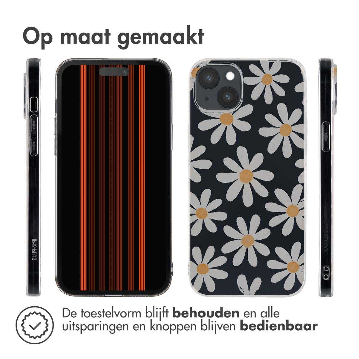 Coques de téléphone. Motifs de rayures verticales orange et de marguerites blanches sur noir. Texte : Sur mesure.