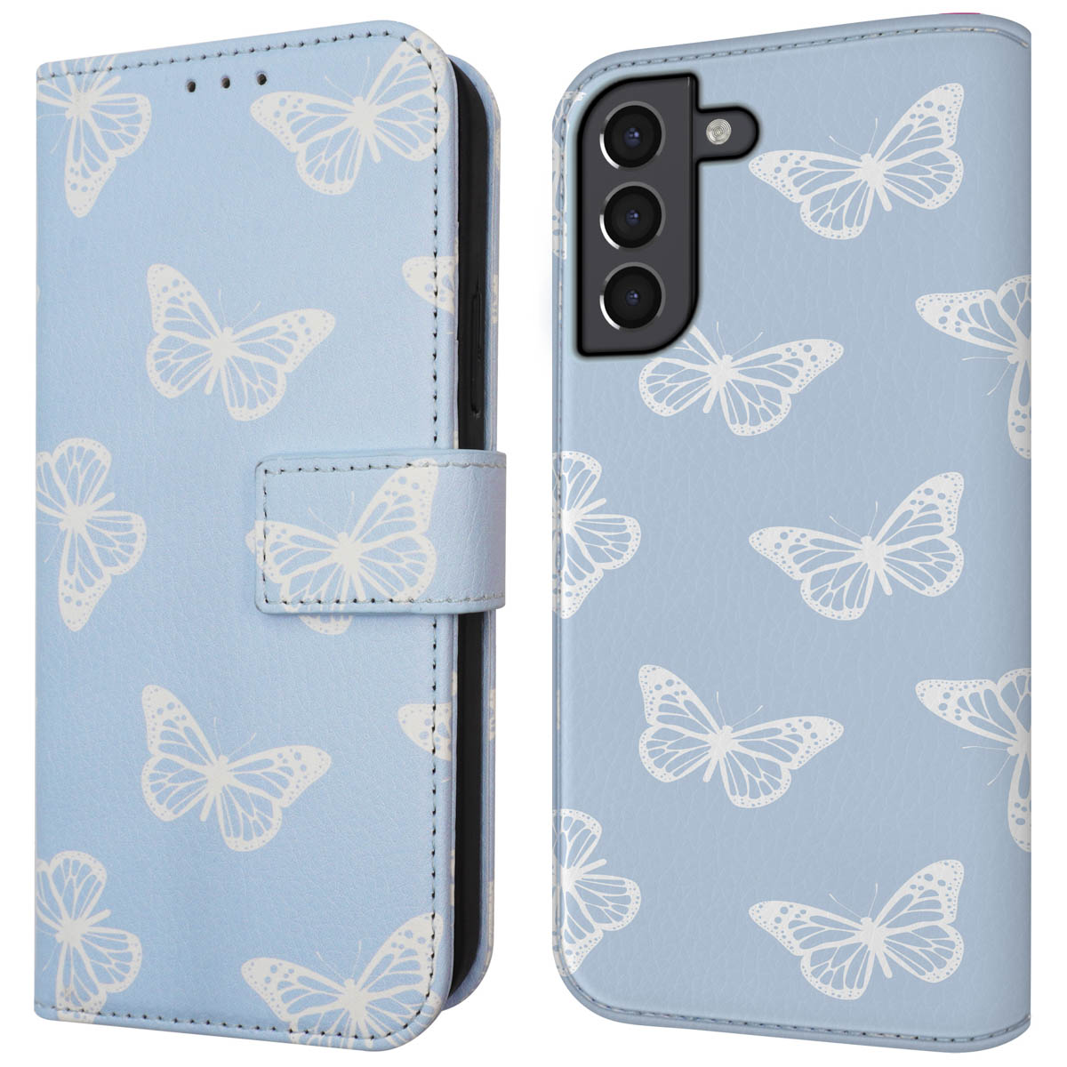Coque de téléphone bleu clair avec motif papillon blanc, ouverte.