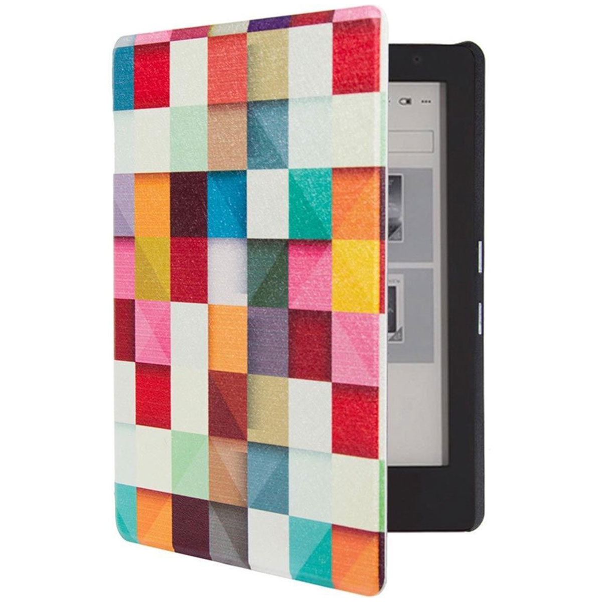 Une tablette avec un étui à motif géométrique abstrait coloré est ouverte, révélant l'écran.
