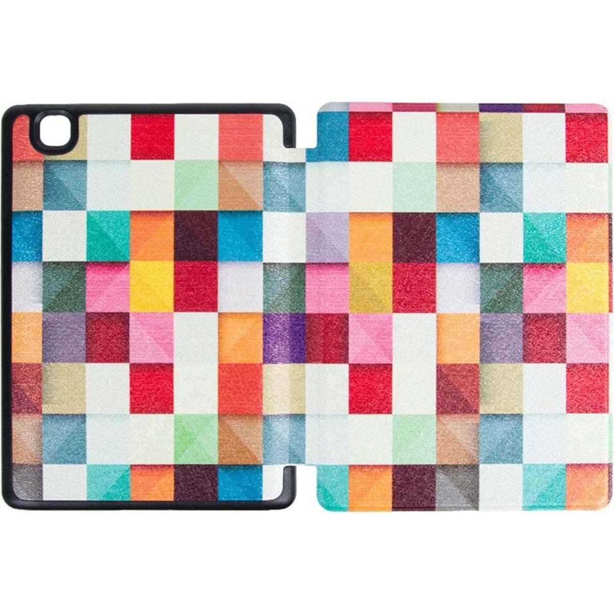 Un étui de tablette avec un motif géométrique coloré. L'étui est ouvert.