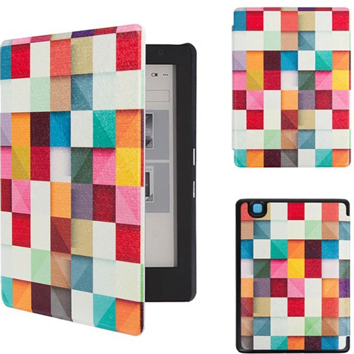 Motifs géométriques colorés sur des étuis de liseuse et une housse de tablette.