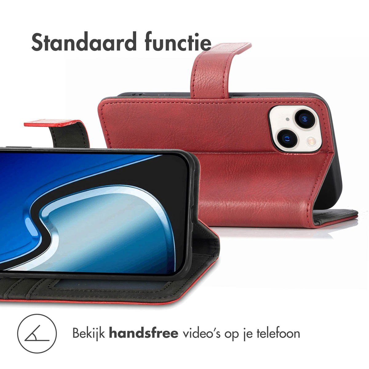 Een rode telefoonhoes met een telefoon erin. De hoes heeft een bandje en een camera-uitsparing aan de achterkant.