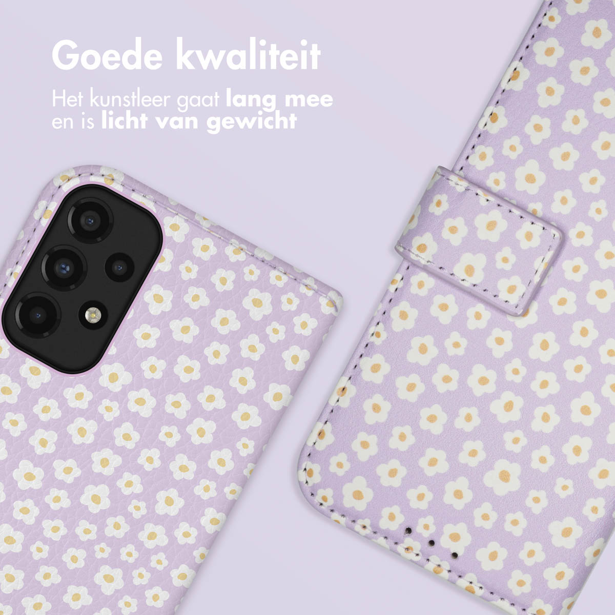 Lila Handyhülle mit weiß-gelben Blumenmuster. Text oben.