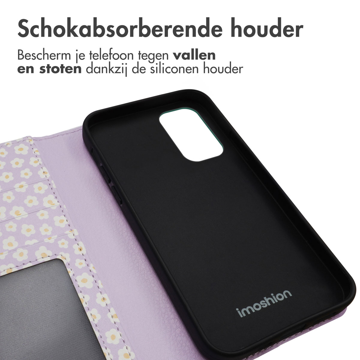 Lila Handyhülle mit Blumenmuster, schwarzer Einsatz und Fenster.