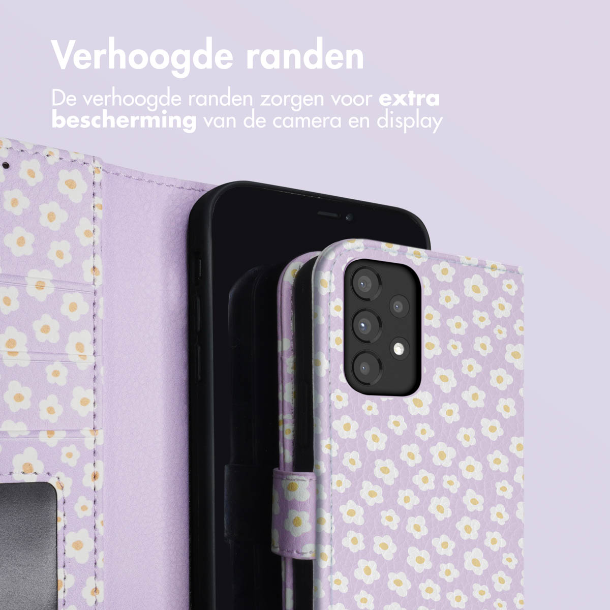 Ein lilafarbenes Handycover mit weißen und gelben Blumen auf einem lila Hintergrund.