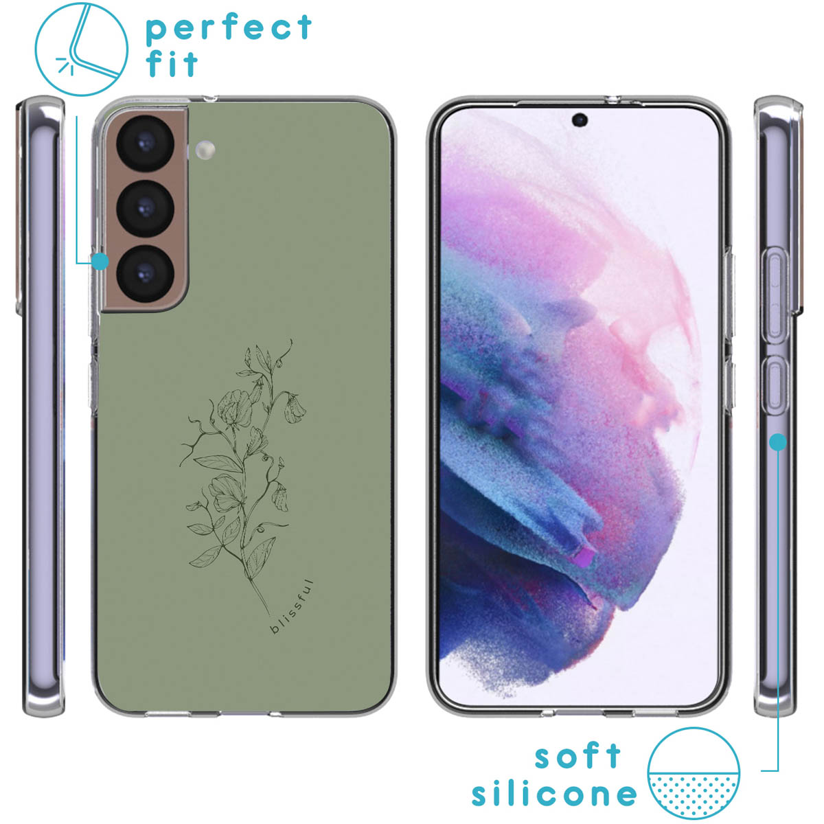 Cover verde per telefono con disegno floreale, viste laterali e schermo.