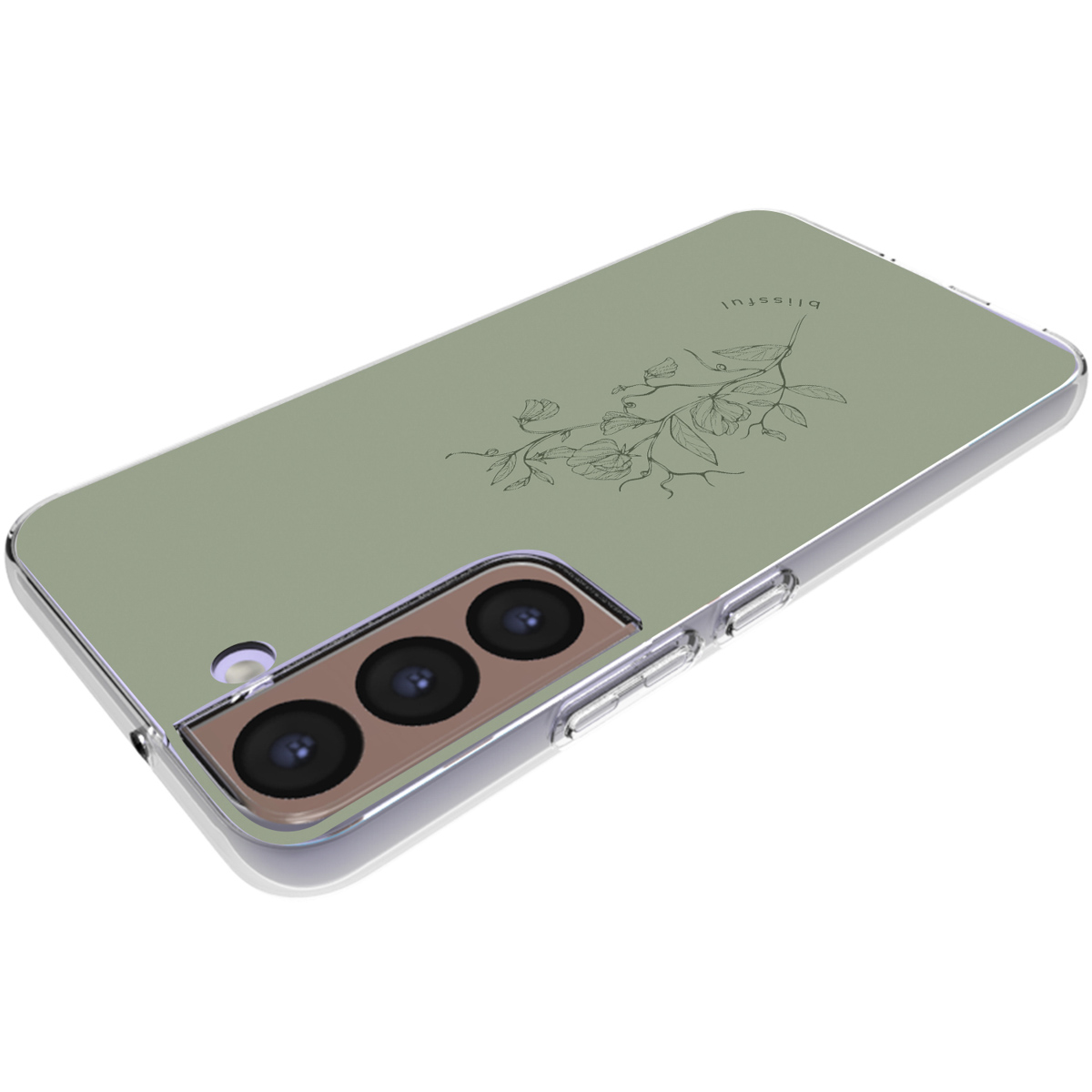 Una cover per telefono verde chiaro con un delicato motivo floreale e la parola "blissful".