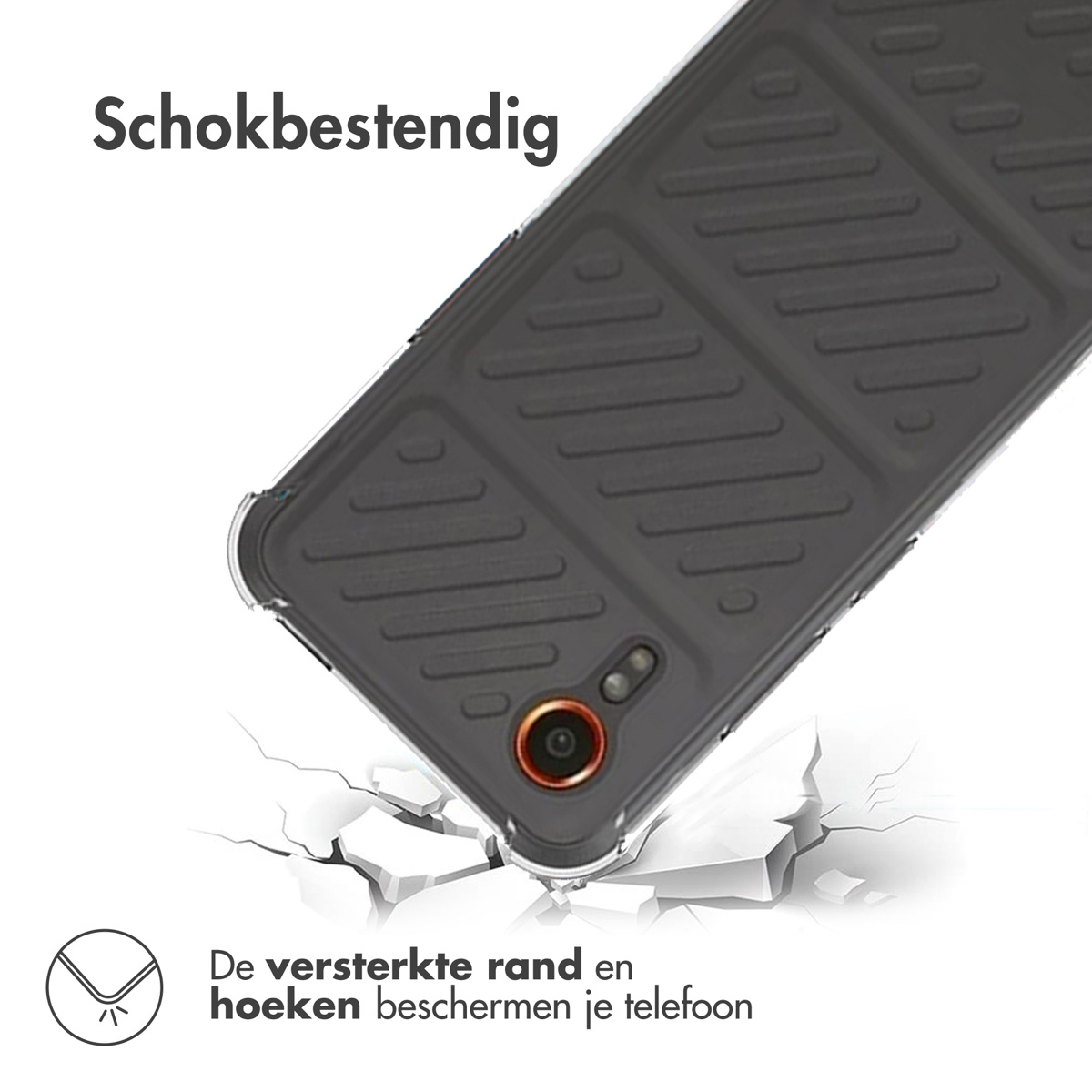 Zwart telefoonhoesje met een textuurontwerp. De hoes wordt getoond op een oppervlak met scheuren.