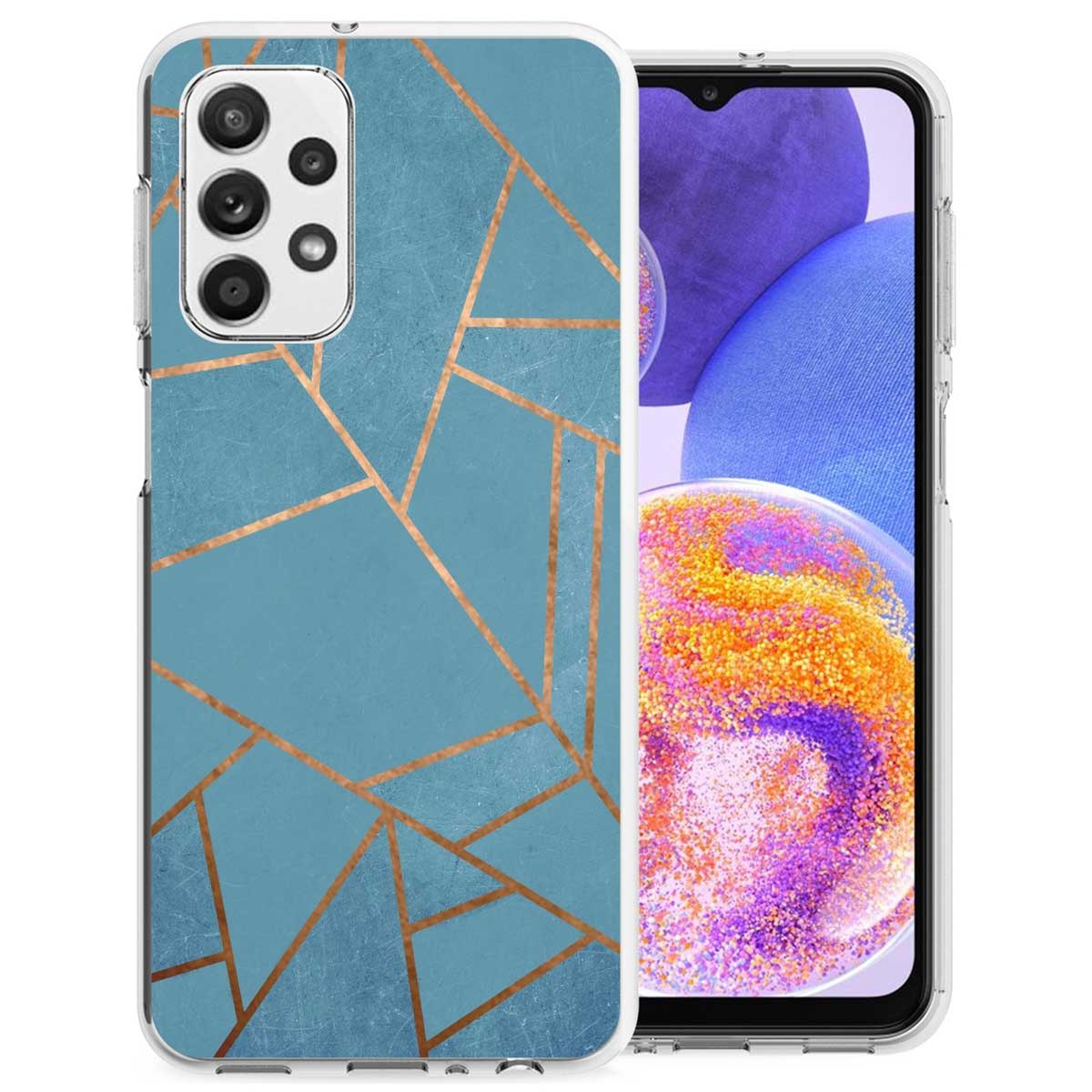 Coque de téléphone avec motif géométrique bleu et or sur une coque transparente.