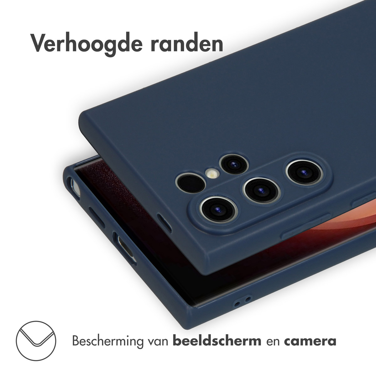 Donkerblauwe telefoonhoes met de achterkant verwijderd, toont de achterkant van de telefoon.