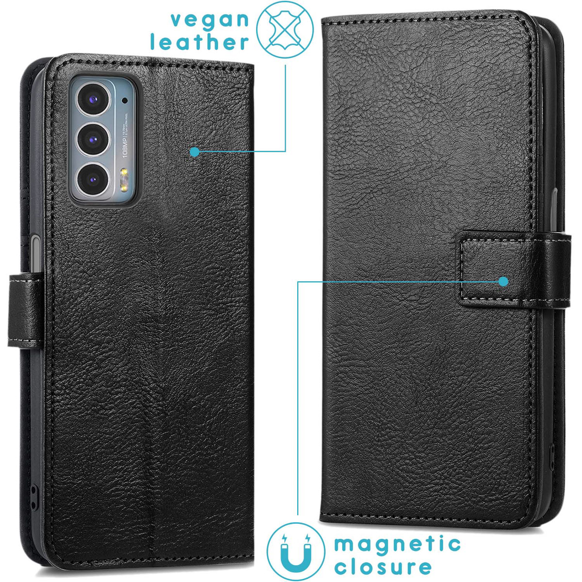 Zwart veganistisch lederen flipcase met magnetische sluiting en camera-uitsparing.