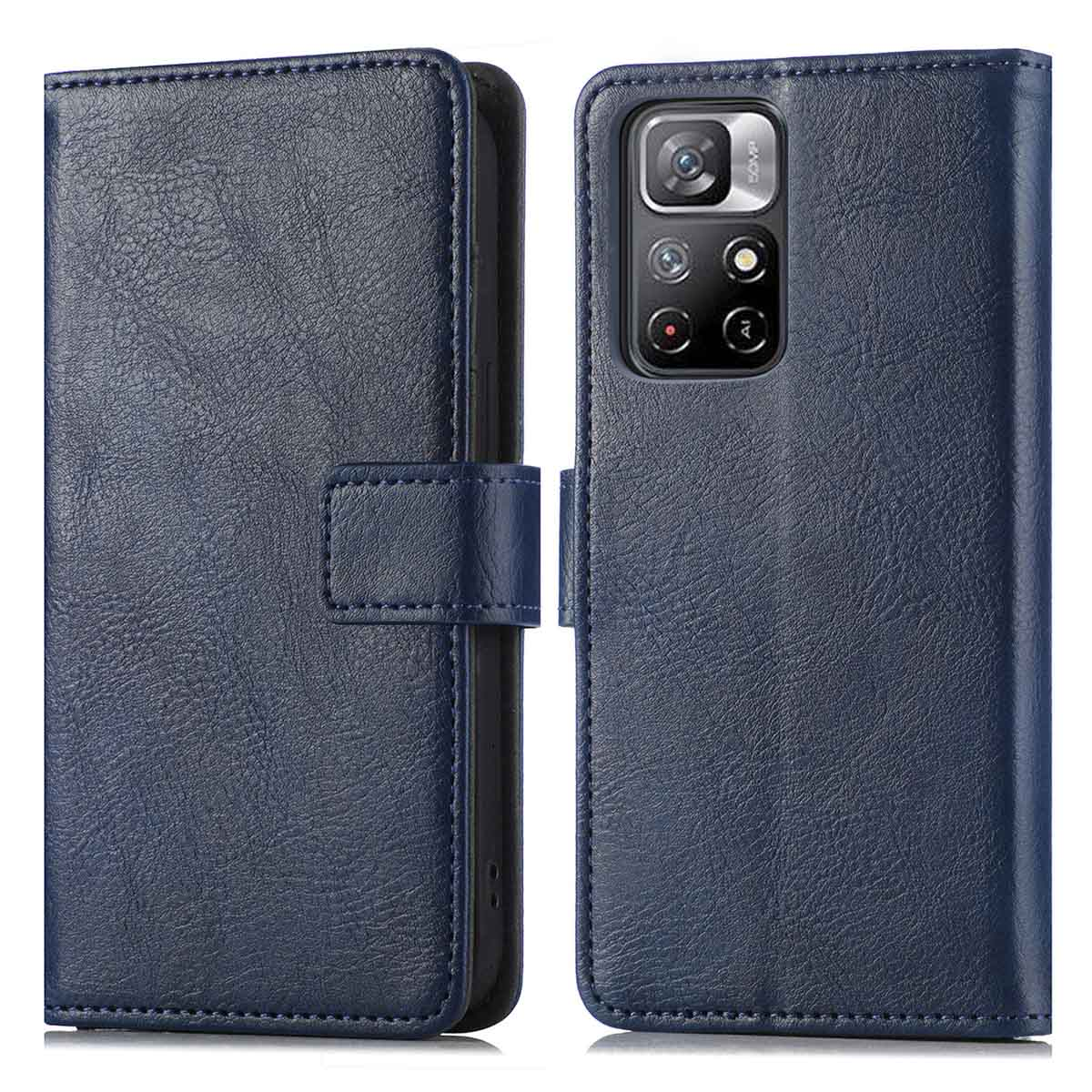 Étui de téléphone bleu foncé, fermé. Montre un téléphone avec une caméra à l'arrière.