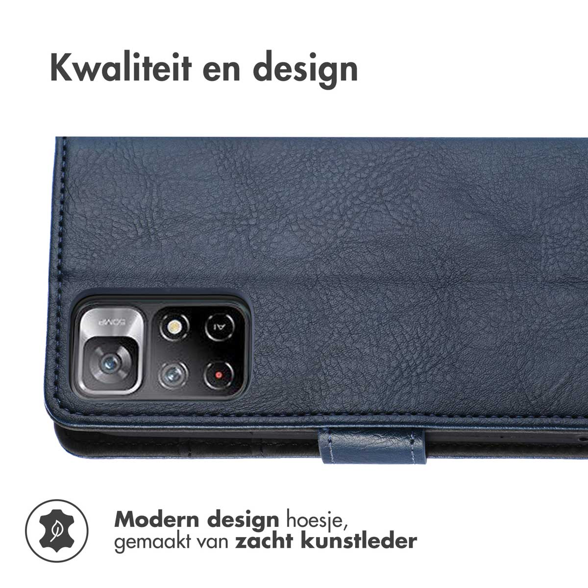Étui de téléphone bleu marine en similicuir avec découpe pour appareil photo.