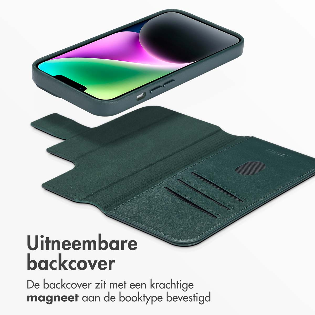 Una custodia per telefono verde scuro con retro rimovibile e slot per carte.