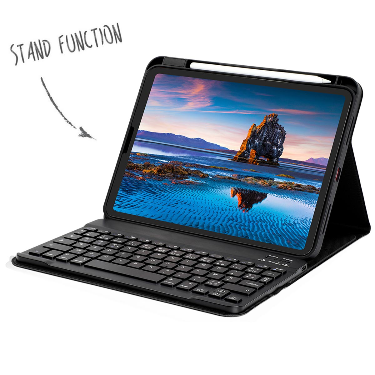 Tablet with keyboard. A tablet is placed on a keyboard and has a pen.