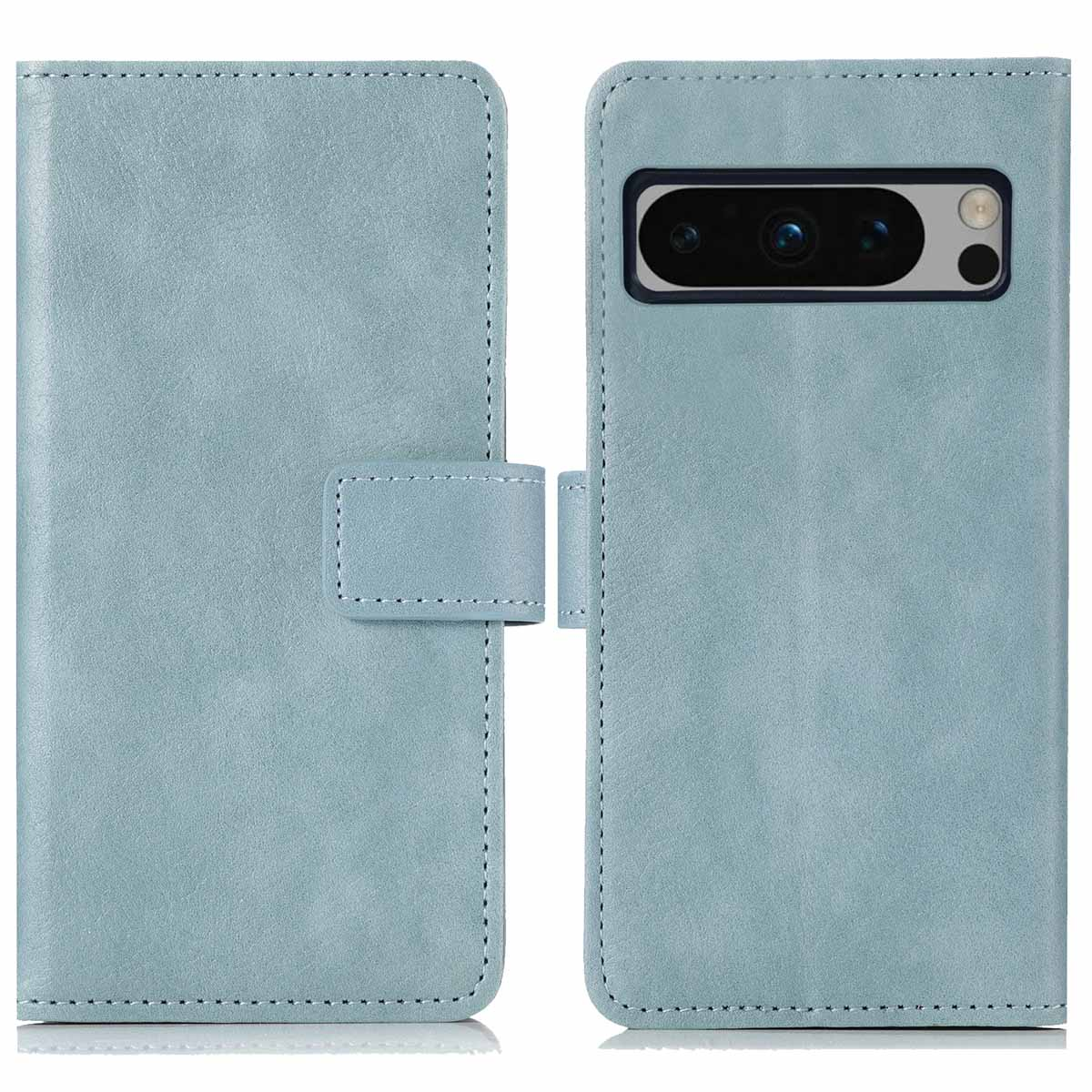 Étui portefeuille bleu pour téléphone. L'étui est ouvert, montrant le téléphone et une fermeture magnétique.