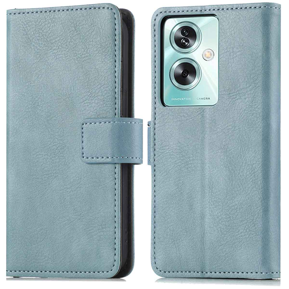 Étui portefeuille bleu pour téléphone ouvert. Le téléphone est à l'intérieur de l'étui.