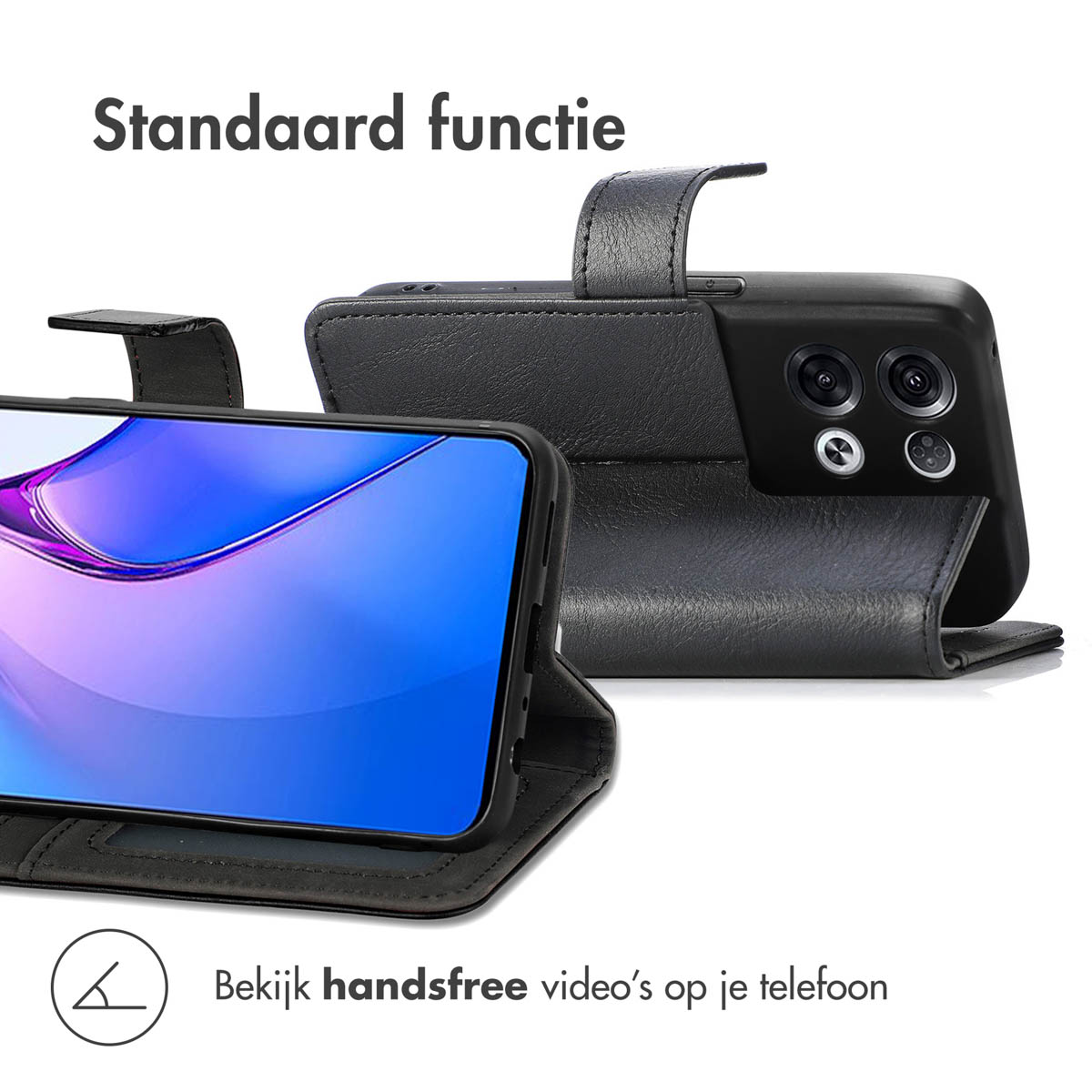 Custodia a libro in pelle nera per smartphone, mostra fotocamera e schermo.