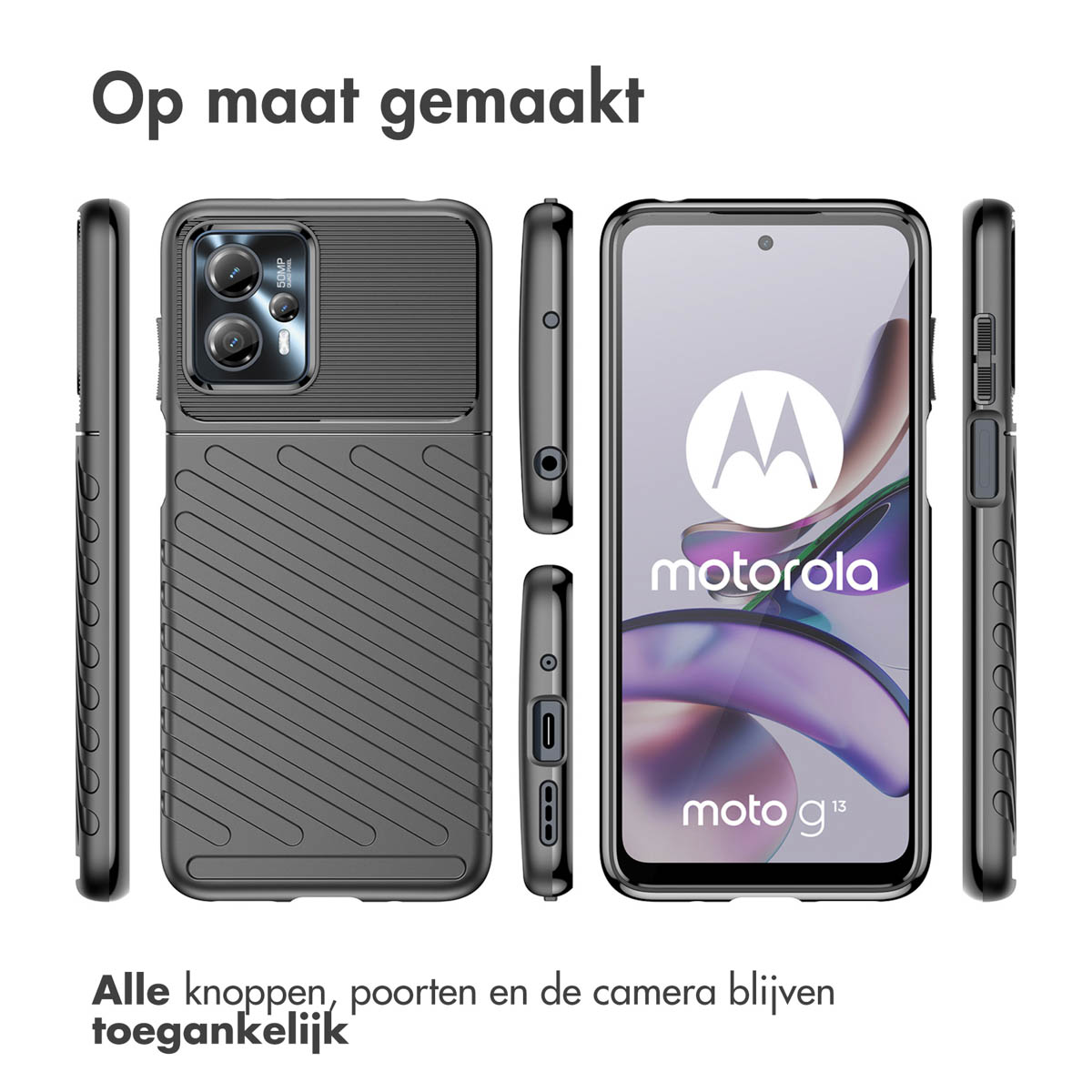 Un téléphone Motorola Moto G 13 noir avec étui est montré sous tous les angles.
