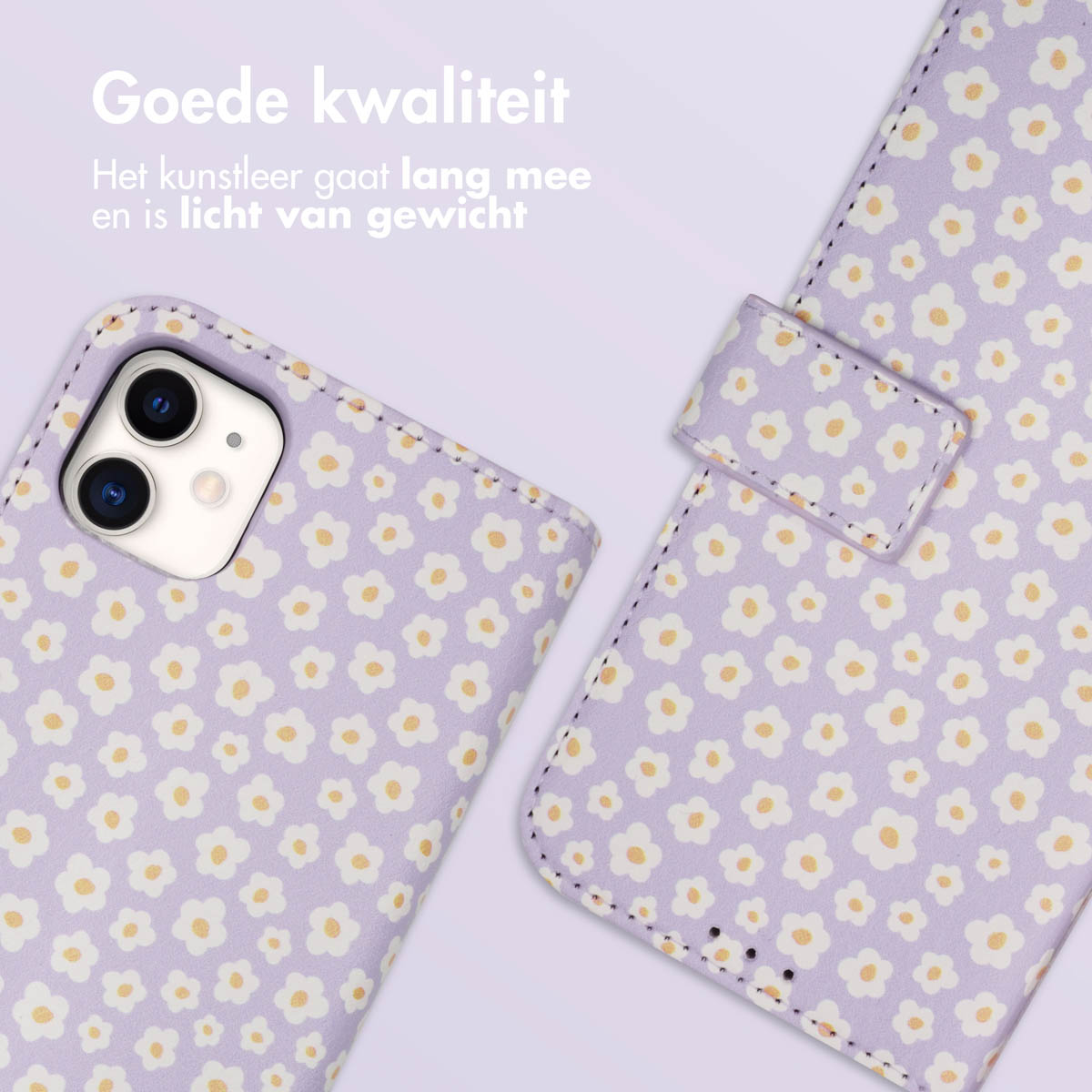 Een paarse telefoonhoes met madeliefjespatroon en tekst.