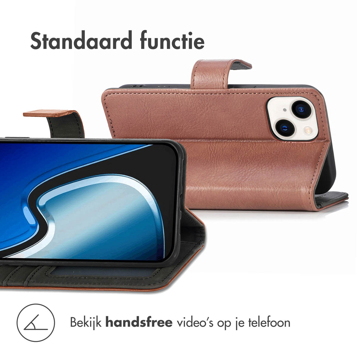 Un téléphone dans un étui en cuir marron. Le téléphone est ouvert pour afficher l'écran. Le texte dit 'Standaard functie' et 'Bekijk handsfree video's op je telefoon'.