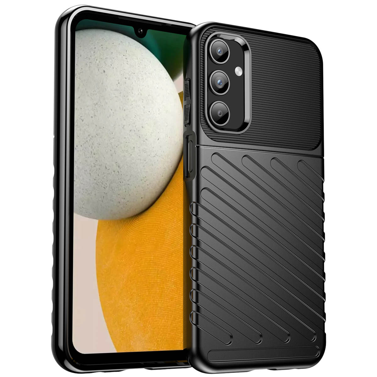 Zwarte telefoonhoes met een telefoon erin. De hoes heeft een geribbelde textuur.