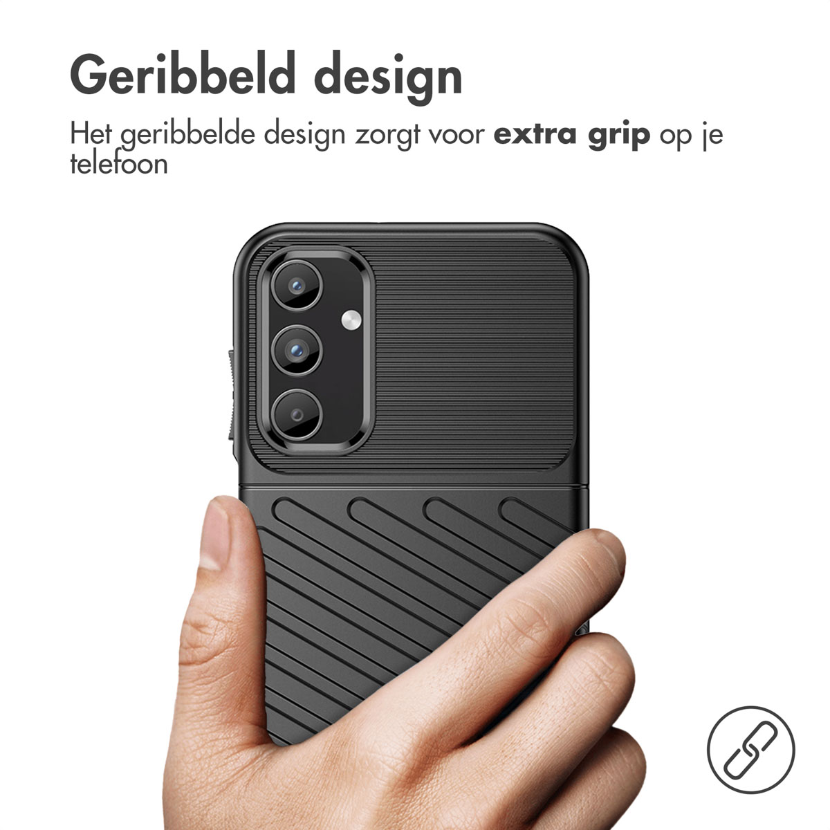 Een hand die een zwart telefoonhoesje met een geribbeld ontwerp vasthoudt. Tekst: Geribbeld ontwerp voor extra grip.