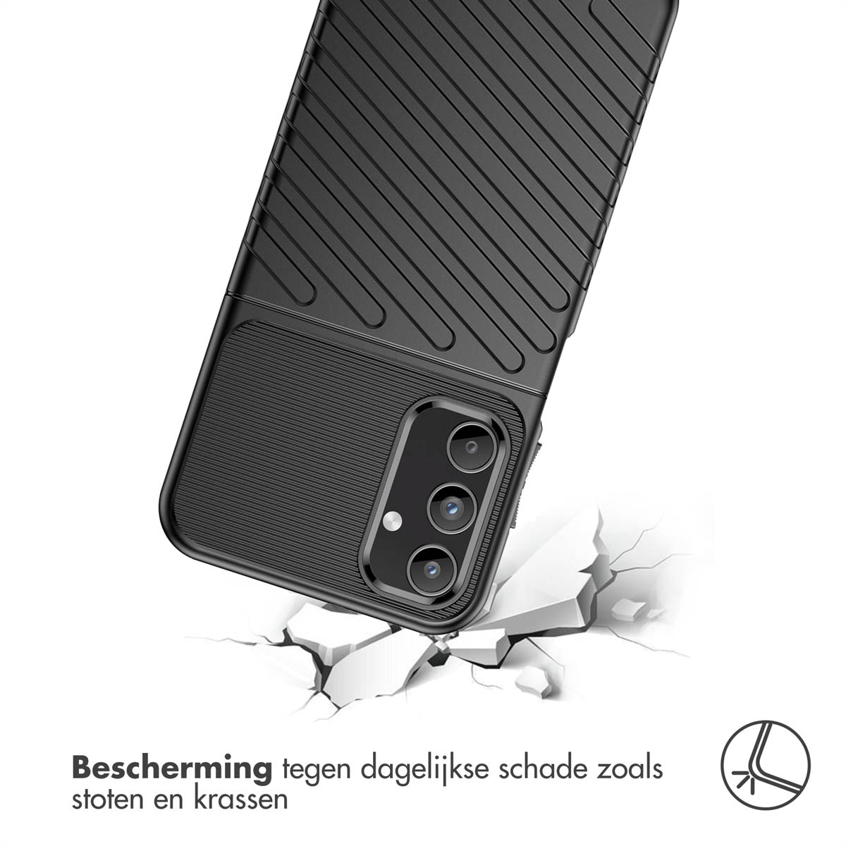 Zwarte telefoonhoes met ribbelpatroon valt op gebarsten wit oppervlak.