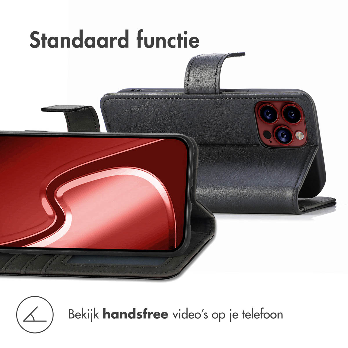 Téléphone dans un étui noir devant un étui noir ouvert. Le texte dit : 'Bekijk handsfree video's'.