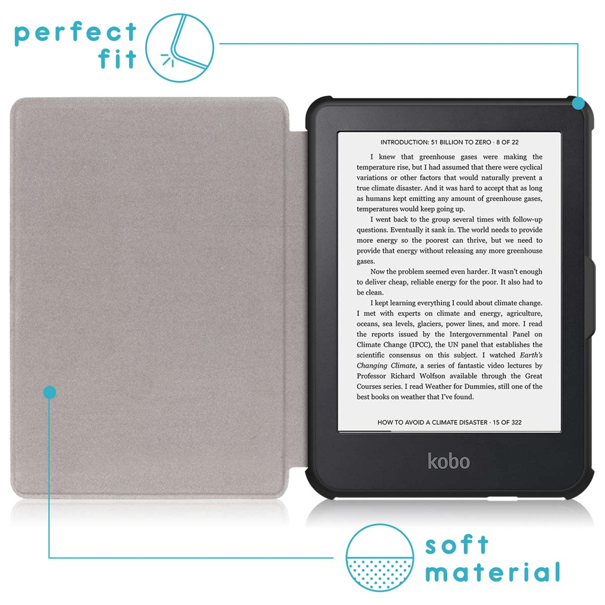 Een grijs e-book met open kaft ligt naast een zwarte e-reader met tekst.