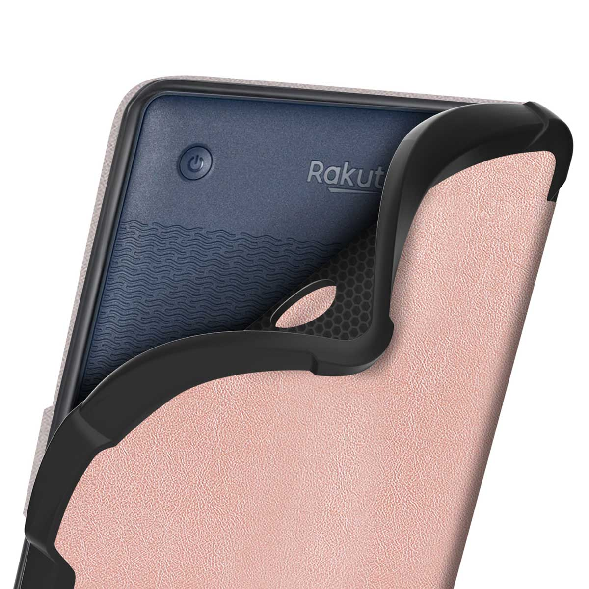 Een roségouden telefoon met zwart frame ligt op een leerachtig oppervlak.