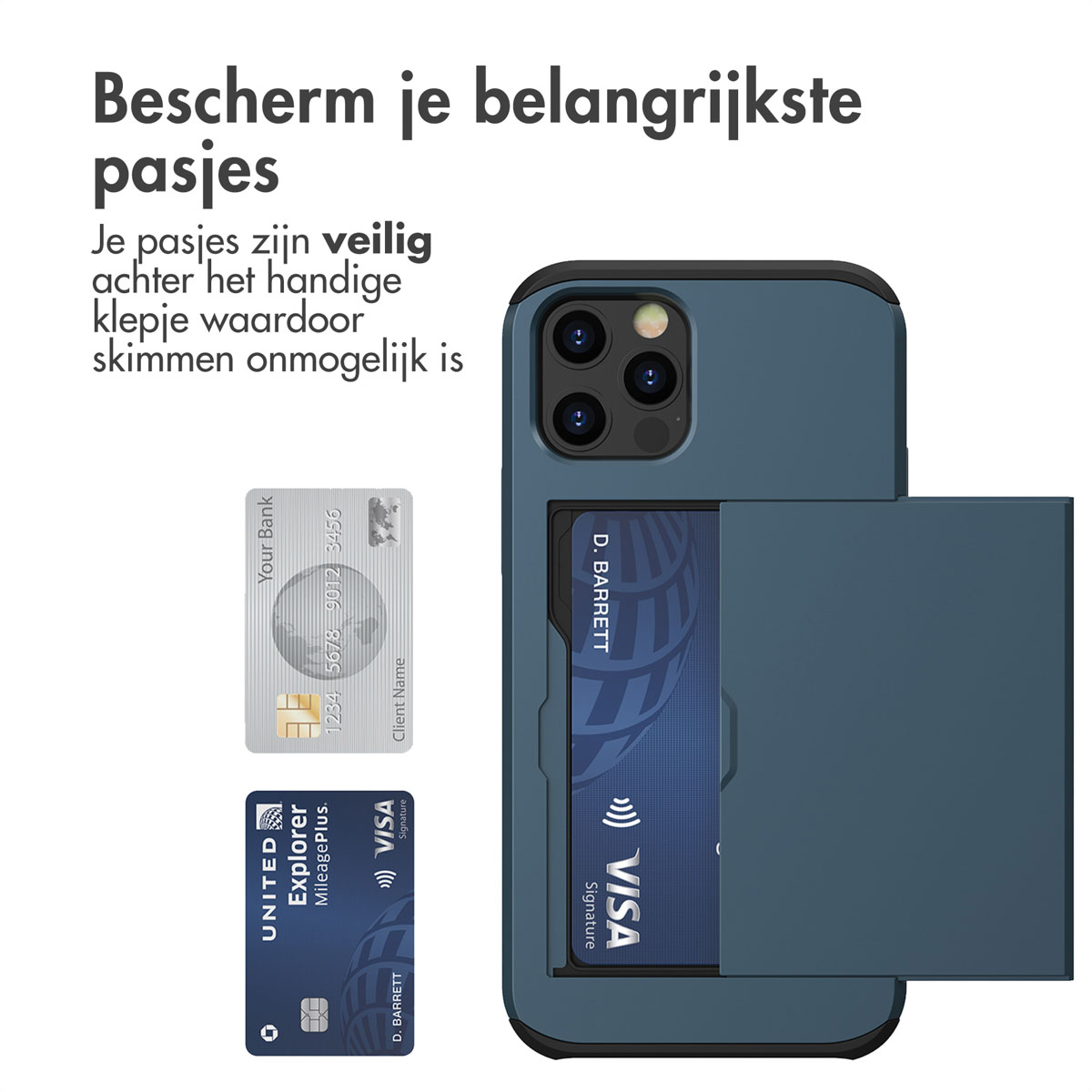 Coque de téléphone avec emplacements pour cartes. Cartes et coque bleues. Texte : Protégez vos cartes les plus importantes.