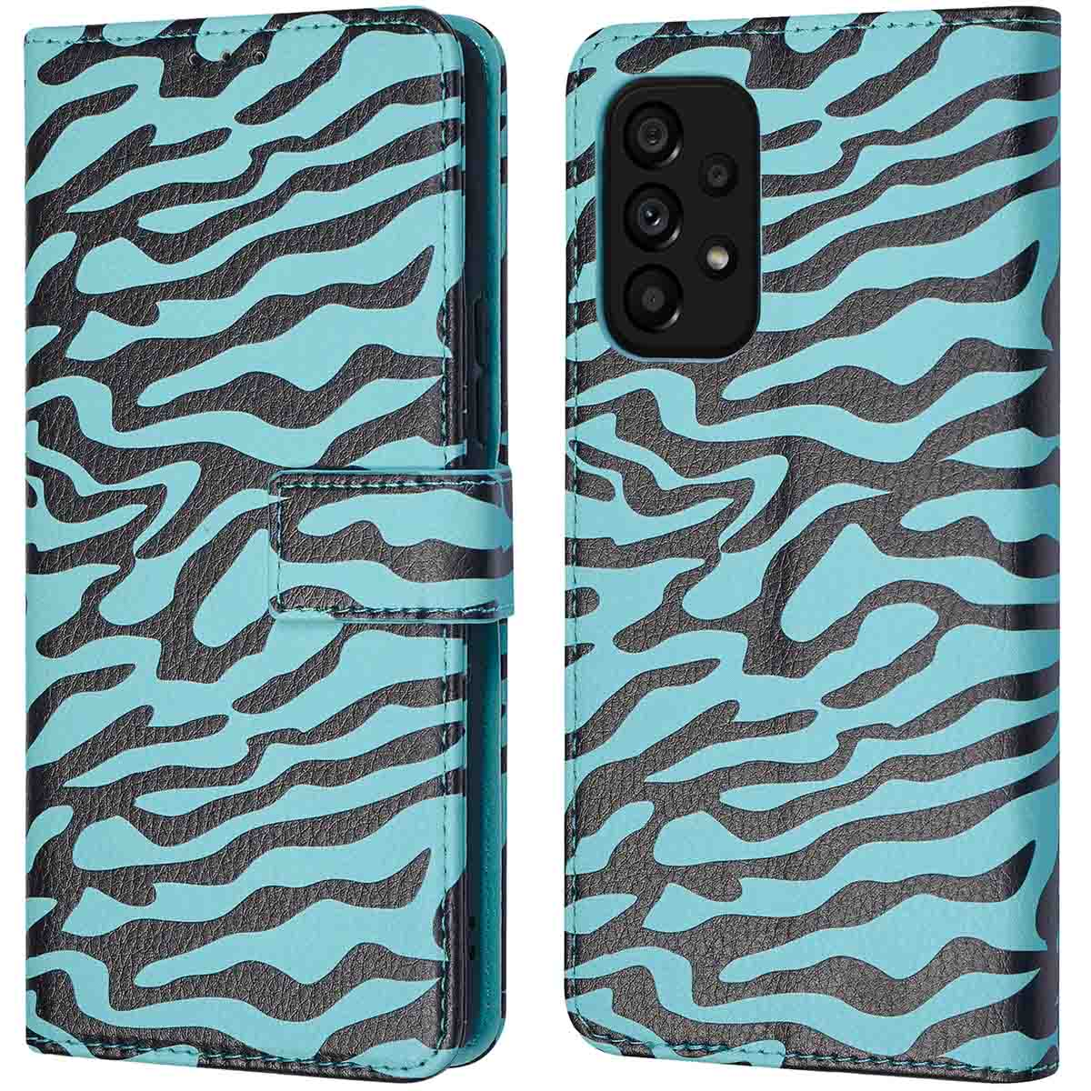 Telefoonhoesje open en dicht, turquoise en zwarte zebraprint. De hoes heeft een magnetische sluiting.